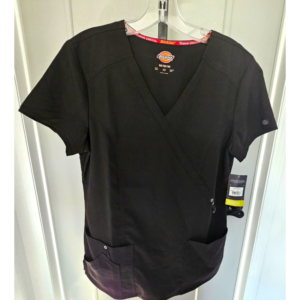 Dickies Women's Medium Black Xtreme Stretch Scrub Top V Neck Medical NWT